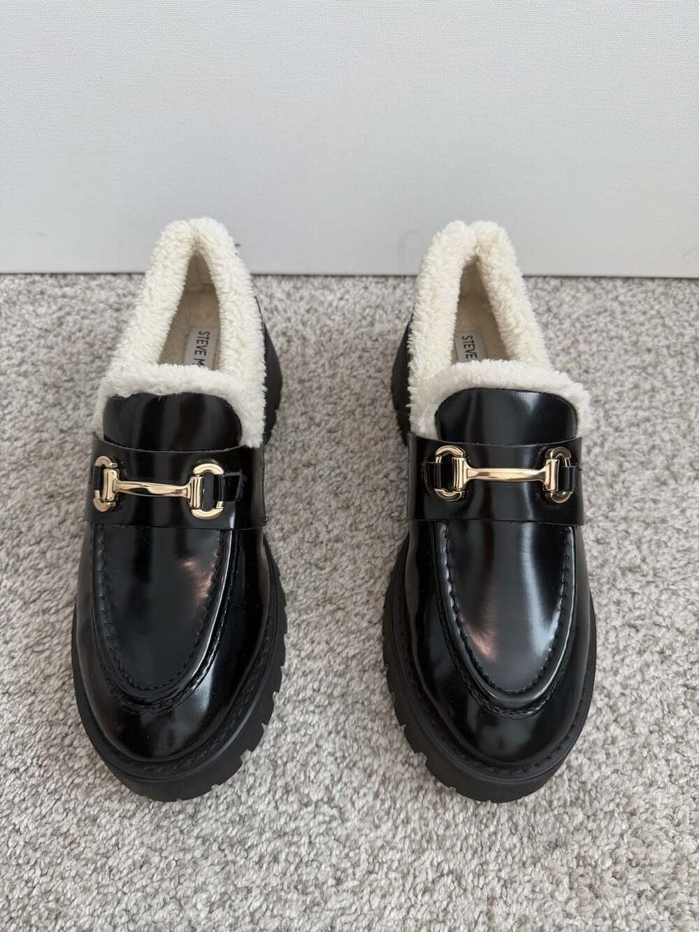 Steve Madden Lando-F Black Leather Loafer with Faux Fur Lining